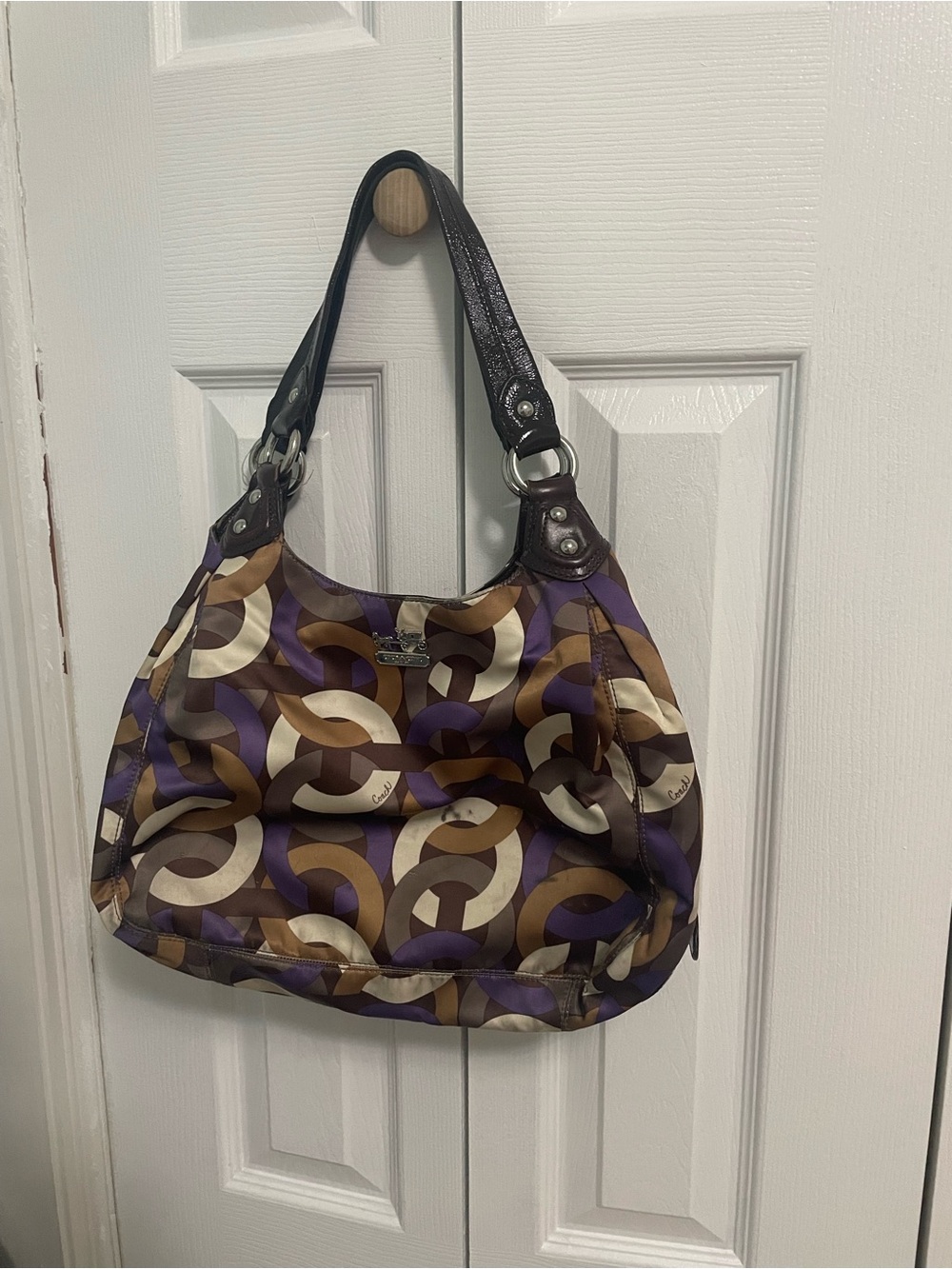 Coach Satin Shoulder Bag in Purple, Brown & Cream Chain-Link Print